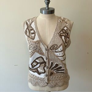 VTG Women’s Crochet Knit Vest White Brown Beach Shells Sz.M Embroidered Resort